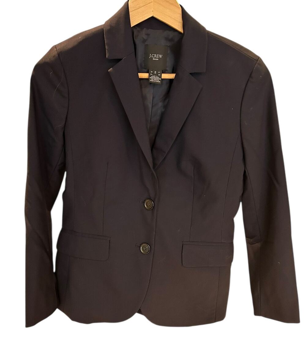J. CREW Women's Wool Blazer Size 2 Navy Blue Suiting Jacket Two Button Classic